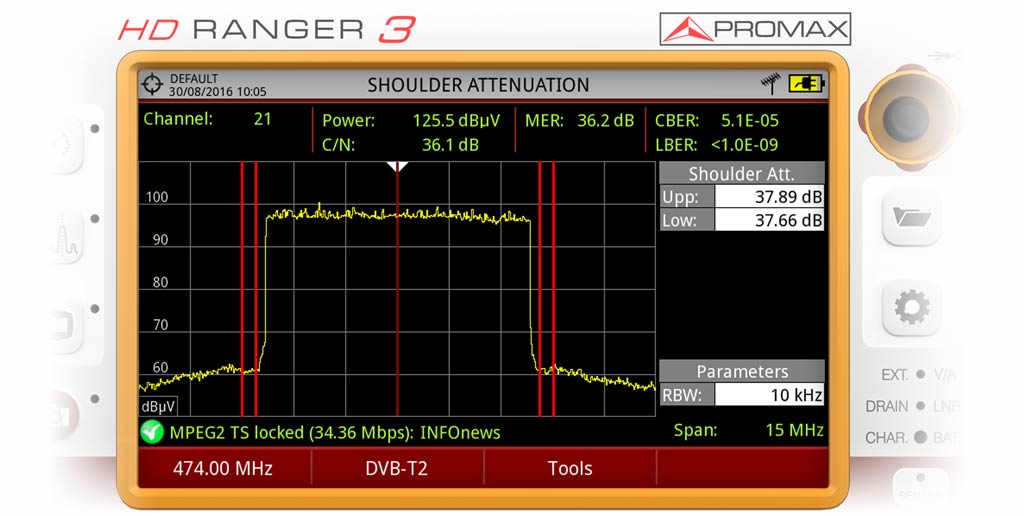 Measuring shoulder in a DVB-T2 channel using a RANGER Neo 3 field strength meter