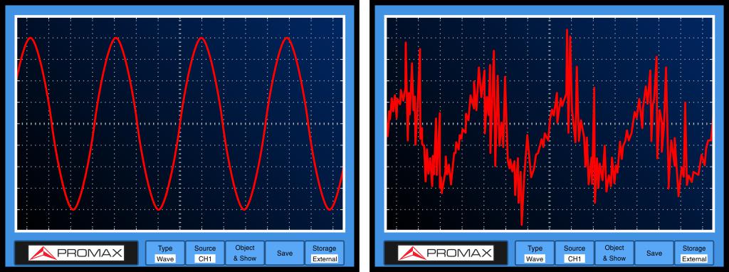 A perfect sine wave (left) and a wave closer to reality (right) affected by noise