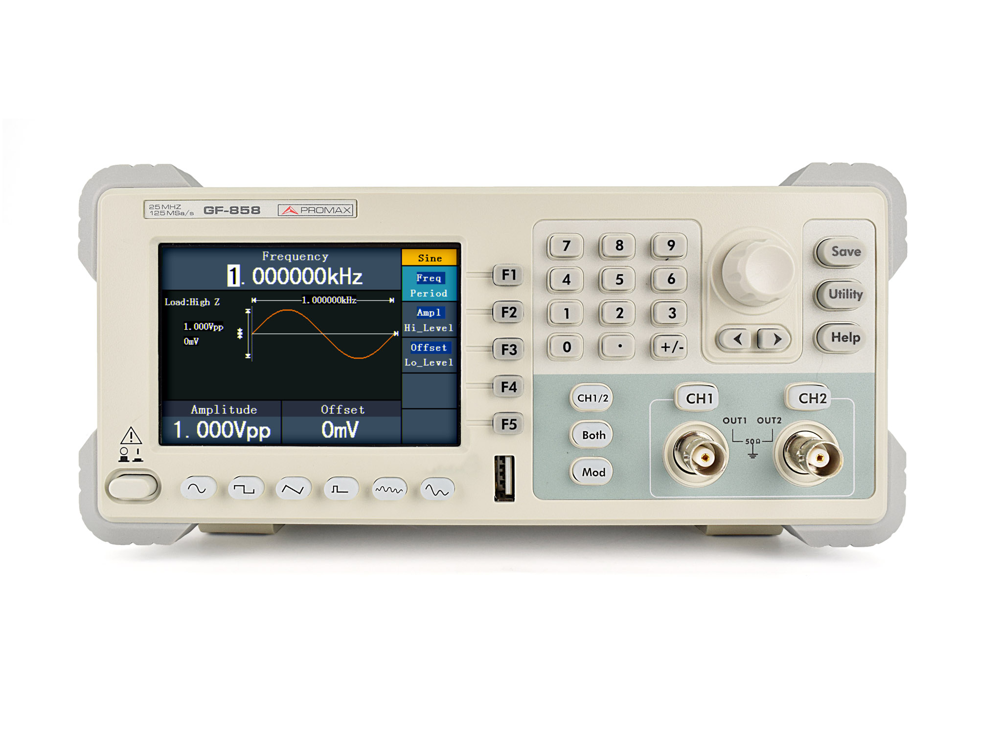 GF-858: 25 MHz Double arbitrary waveform generator with USB and RS-232